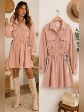 GOMOS Blush Pink Corduroy Shirt Dress Utility Safari Mini Tie Waist Balloon Slee
